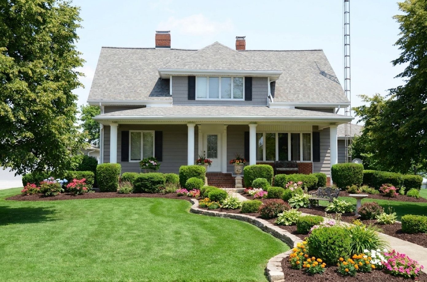 The same home with a new landscape design: curved stone-edged beds, flowering shrubs and a garden path